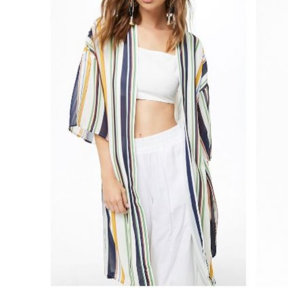 Multicolor Striped Chiffon Kimono Cover Up Size S Forever 21 - Picture 3 of 10